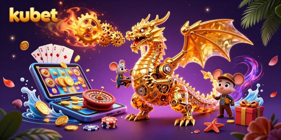 Experience thrilling kubet slots with a dynamic scene featuring golden dragon and casino elements.