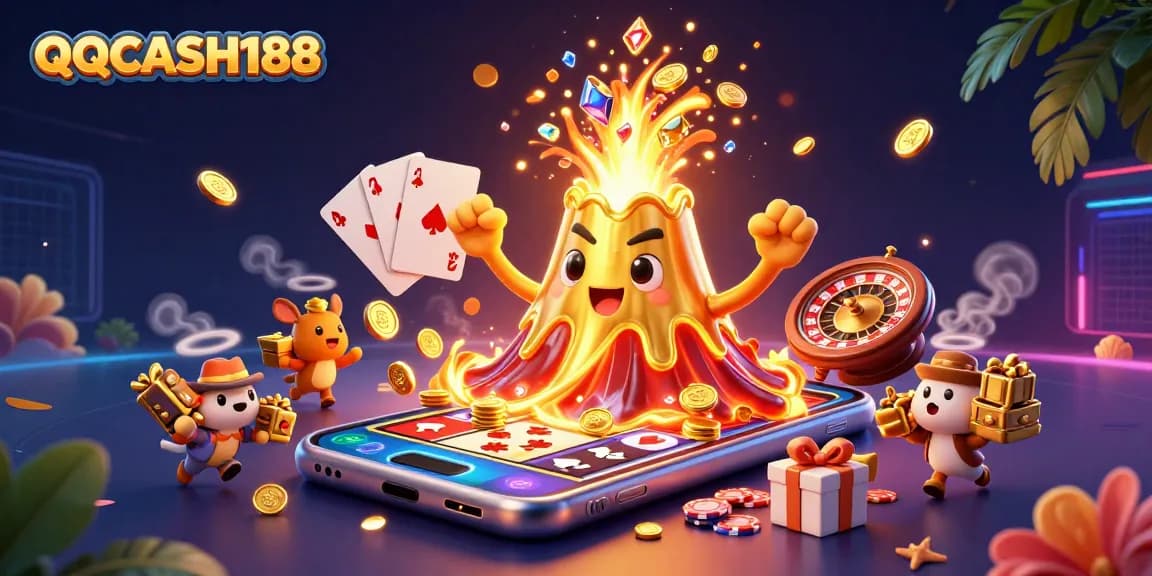 Experience the thrill of QQCASH188 with vibrant gaming elements and treasures in a stunning illustration.