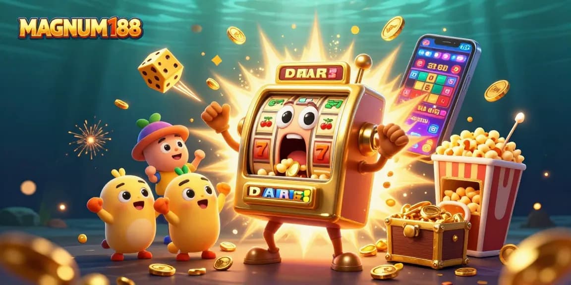 Experience MAGNUM188 with an entertaining jackpot scene featuring cheerful slot machines and casino-themed elements.