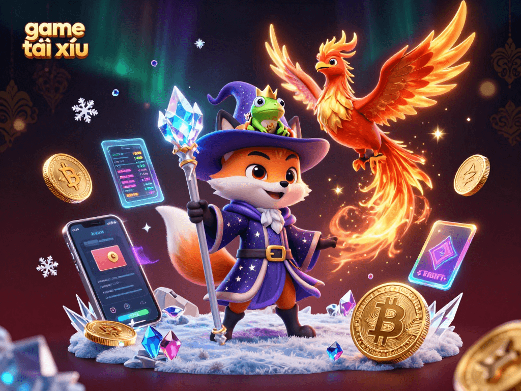 Engage in game tài xỉu with a mystical wizard fox and a phoenix amidst vibrant 3D elements.