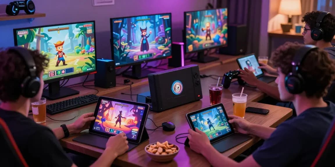 Engaging scene of users enjoying free sex games on various devices in a cozy gaming lounge.