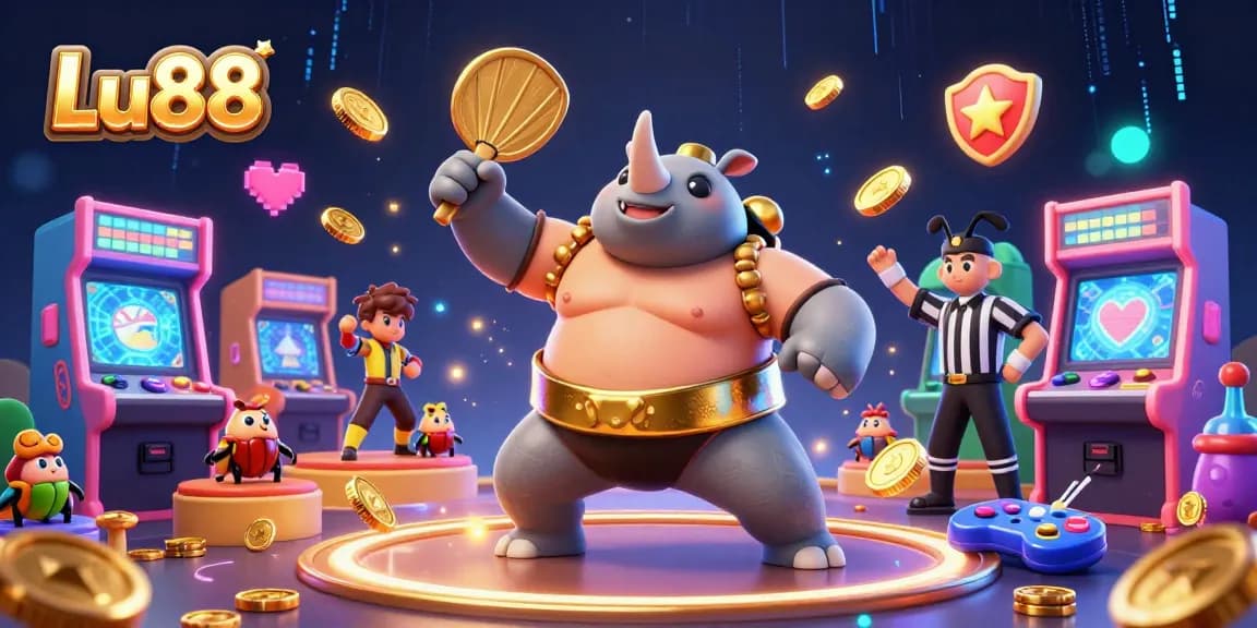 Experience Lu88's vibrant gaming scene with a dynamic beetle champion amidst flying coins and glowing arcade elements.