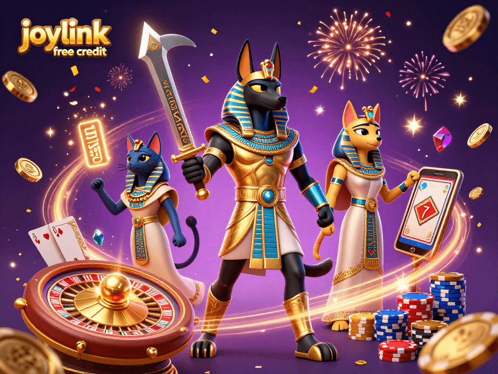 Engage with joylink free credit at this vibrant 3D casino scene filled with Anubis, Bastet, and dynamic game elements.