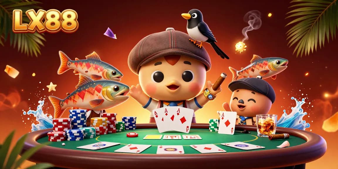 Experience the excitement of LX88 with a vibrant scene of cartoon characters at a poker table.