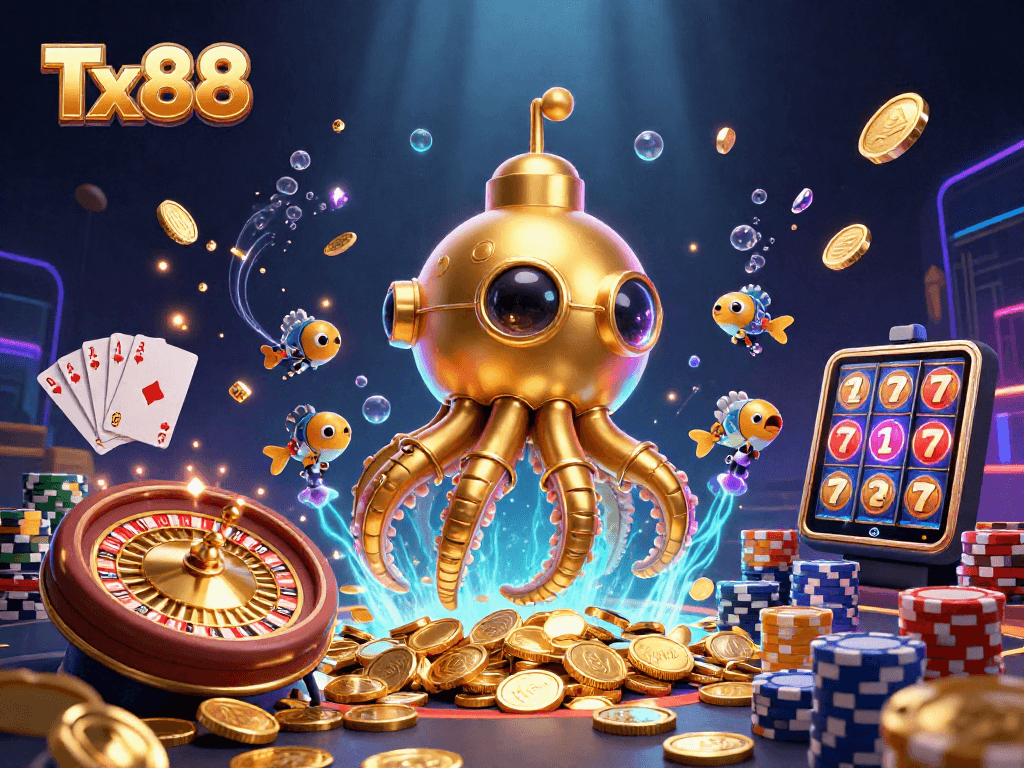 Experience the thrilling world of Tx88 with a vibrant underwater casino scene featuring a golden kraken and casino elements.