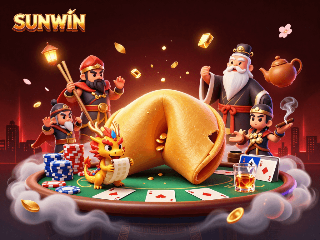 SUNWIN engages players with a vibrant casino scene featuring a golden fortune cookie and dynamic poker elements.