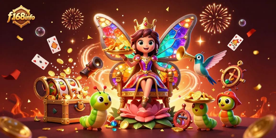 Engage with f168info's vibrant casino experience featuring the butterfly queen and dynamic gaming elements.