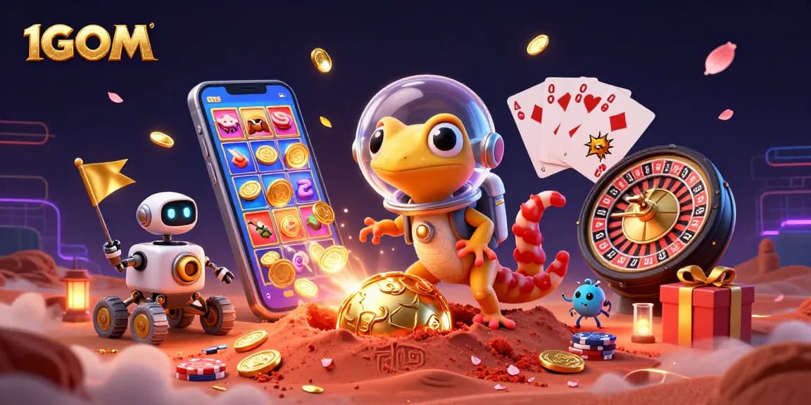 Experience thrilling gameplay at 1GOM with a Martian gecko discovering a golden casino.