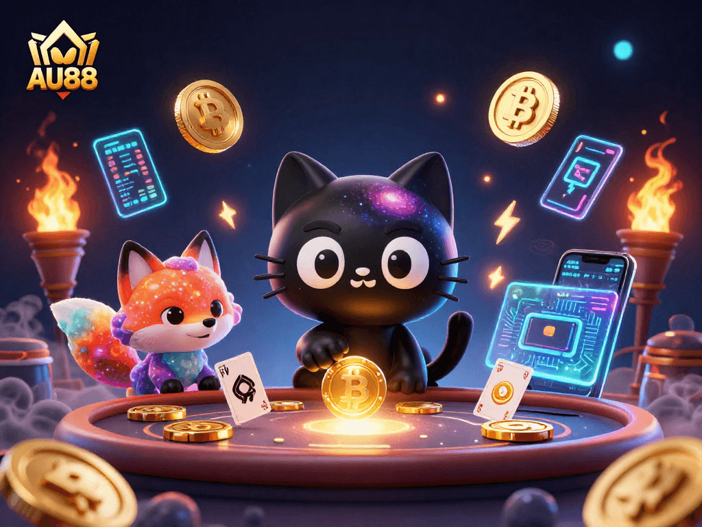 Experience the excitement of AU88 with a cosmic casino featuring a black hole cat, golden chips, and digital currency elements.
