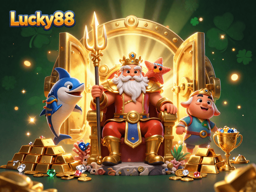 Experience the thrilling gameplay of Lucky88 surrounded by vibrant treasures in a rich 3D digital illustration.