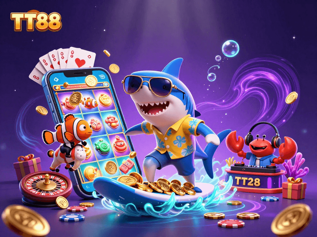 TT88 engages players with a vibrant underwater scene featuring a shark and clownfish in a casino adventure.