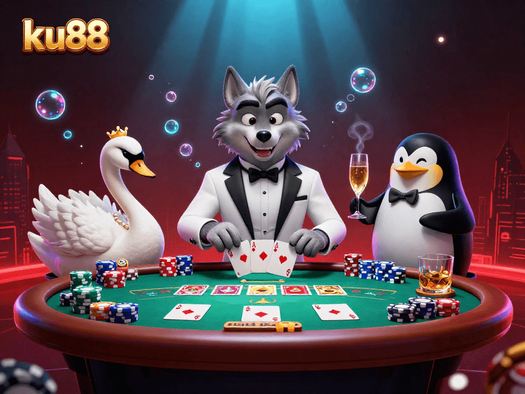 Engage with the thrilling atmosphere of ku88 featuring a 3D wolf dealer, elegant swan, and sophisticated penguin.