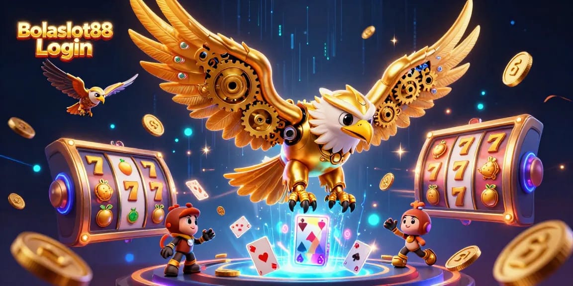 Bolaslot88 Login showcases a dynamic 3D illustration with a golden eagle and slot reels, embodying online casino excitement.
