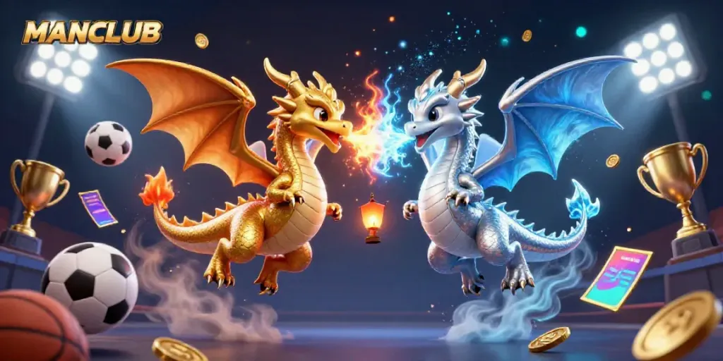 Engage in dynamic sports betting with MANCLUB in this vibrant 3D illustration featuring dragons.