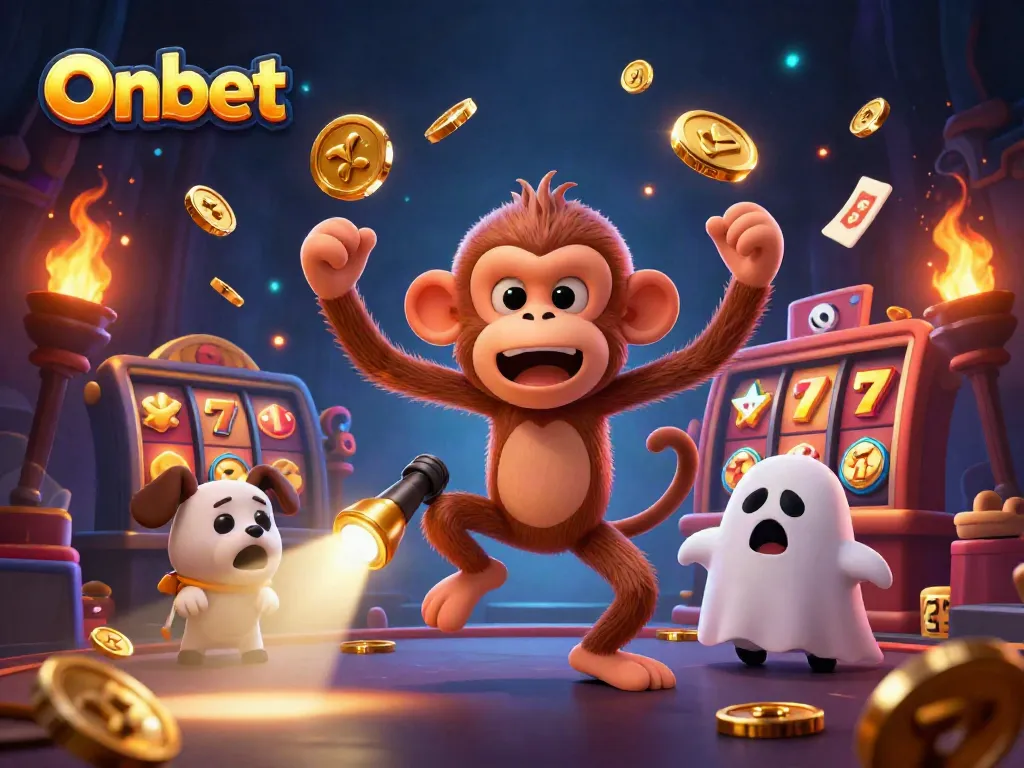 Experience thrilling gameplay with Onbet's haunted casino, showcasing a cartoon monkey juggling golden objects.
