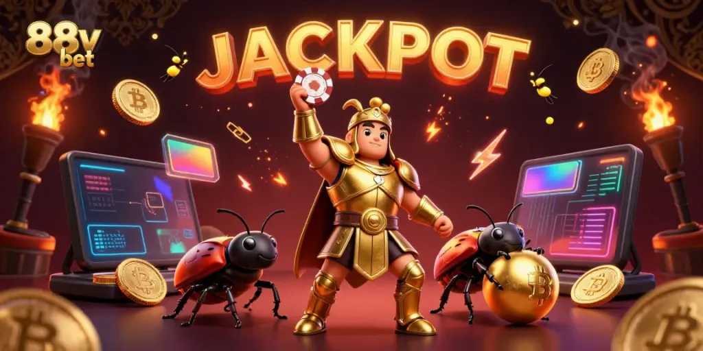 Win big with 88v bet as the victorious hercules beetle lifts a poker chip with excitement amidst a rich casino scene.
