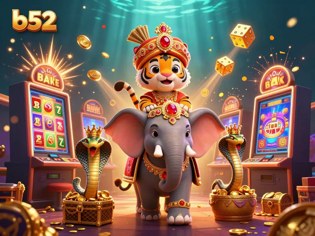 Experience the thrill of b52 casino excitement with our vibrant 3D illustration featuring a maharaja tiger, elephant, and festive games!