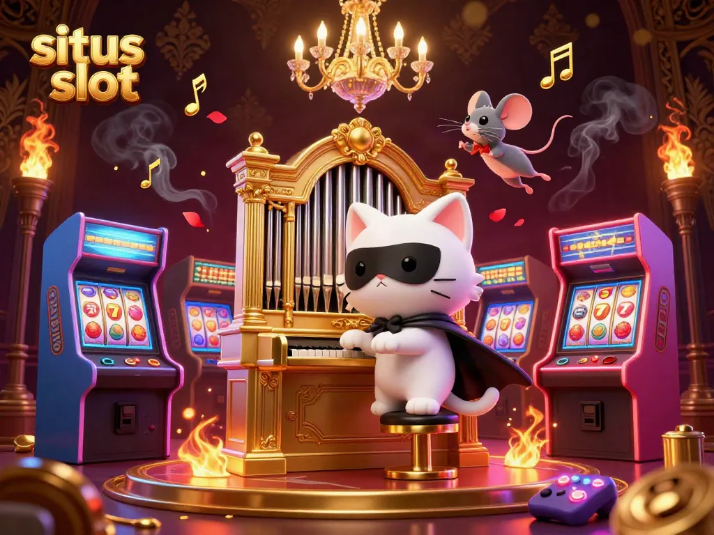 Spin the reels at situs slot with a whimsical cat, acrobat mouse, and vivid casino elements.