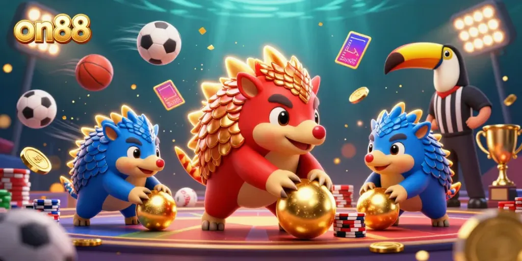 Experience the excitement of on88 with vibrant pangolins and golden scales in a dynamic casino scene.