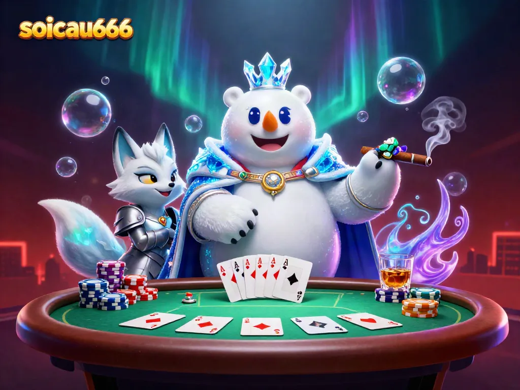 Engage with soicau666, where a polar bear and fox play poker amidst vivid gaming elements and dynamic energy.