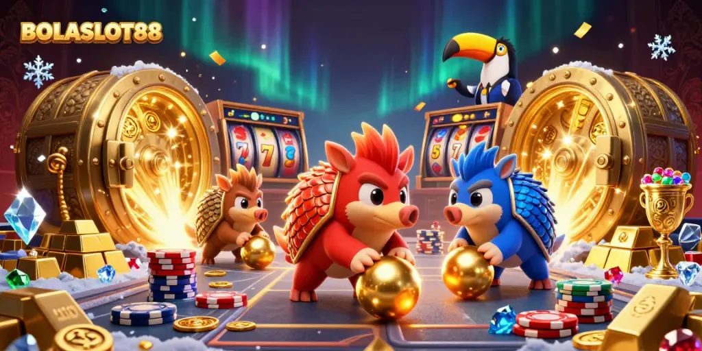 BOLASLOT88 features rival pangolins engaging in a dynamic slot game scene, surrounded by golden treasures.