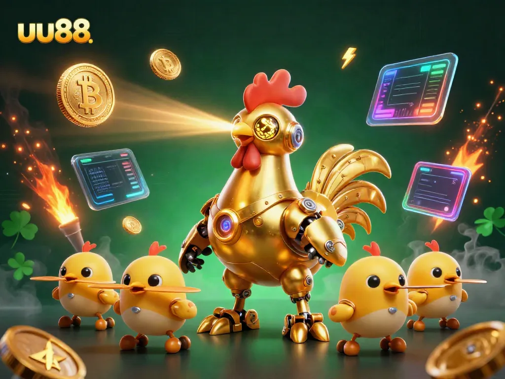 Engage with the golden rooster in the uu88 casino, showcasing vibrant crypto and game elements.