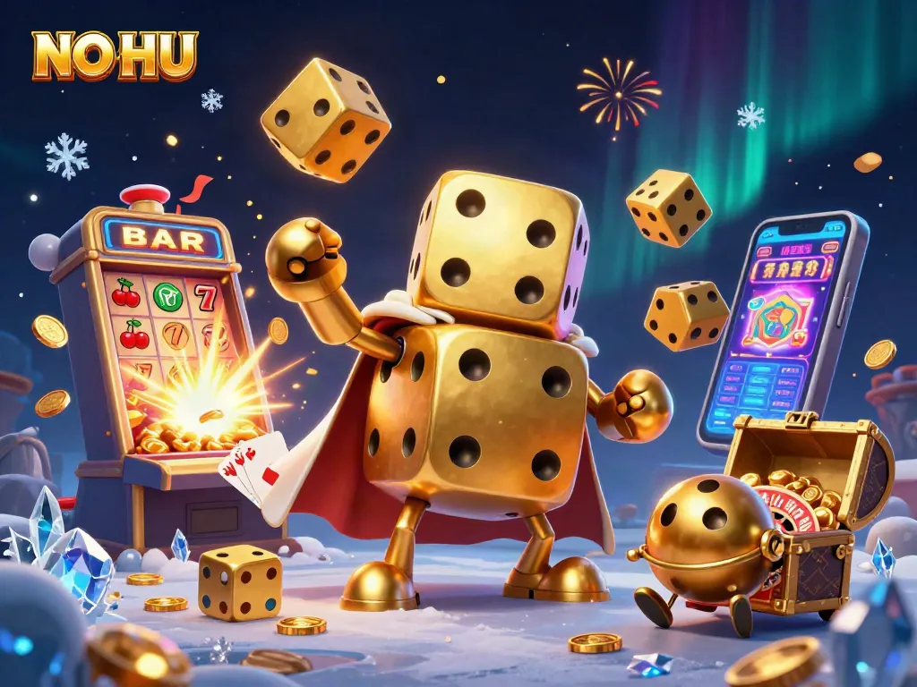 Experience exciting NO HU slots with a vibrant scene of jackpot thrills, golden dice, and casino action.
