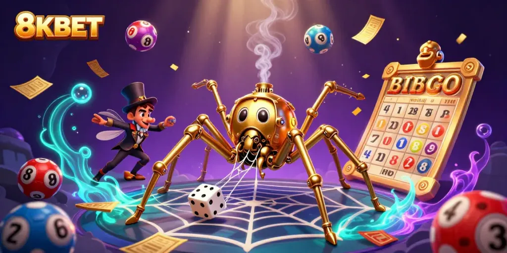 Catch thrilling lottery moments with 8KBET's dynamic gaming illustration packed with fun elements.