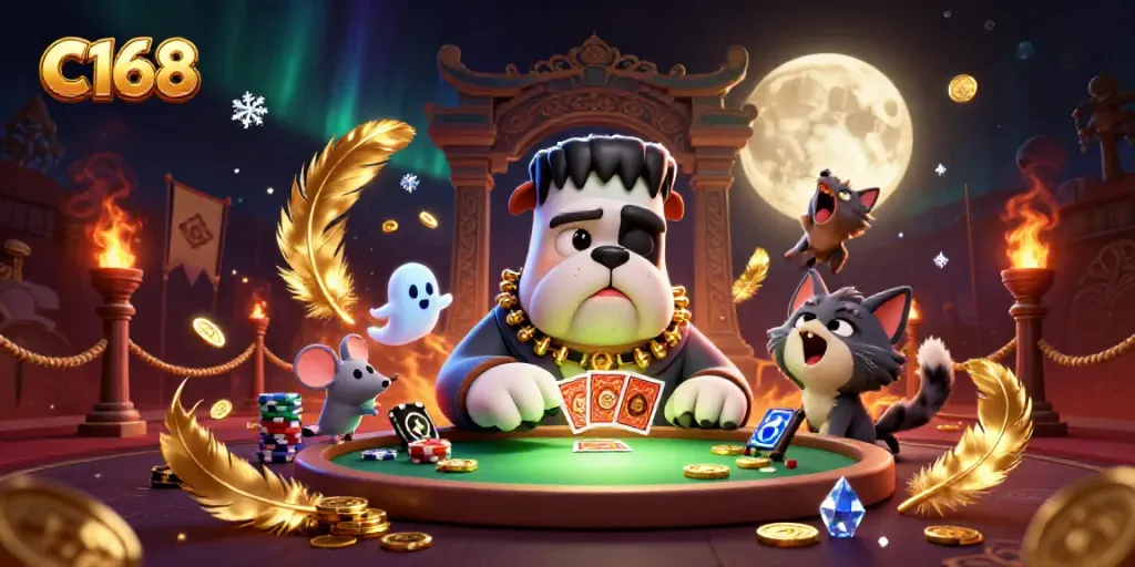 Engage with C168 at a vibrant casino scene featuring creatures dealing cards and floating elements.