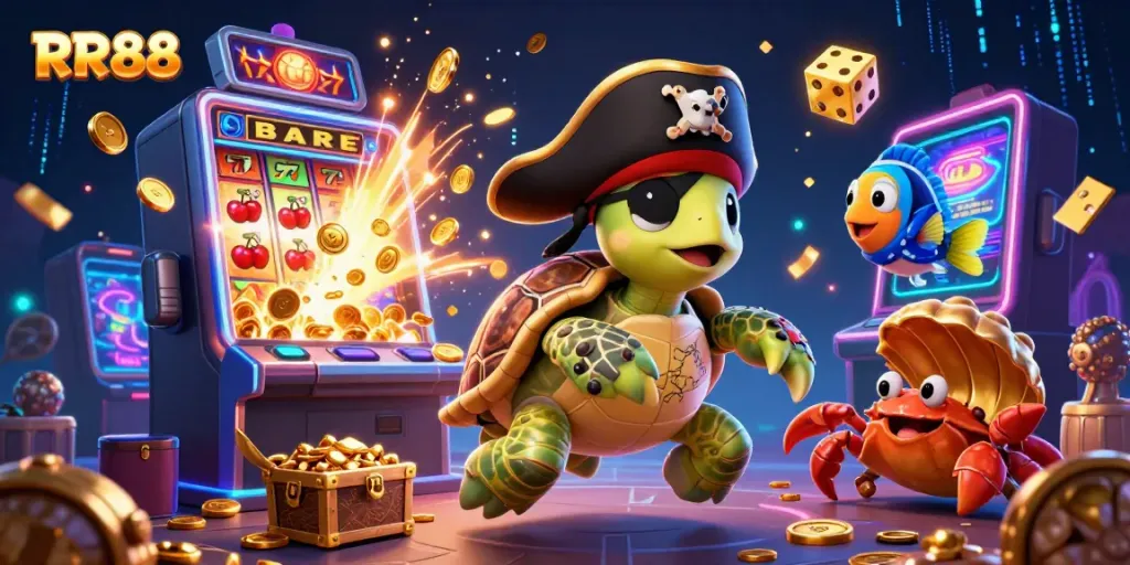 RR88 showcases a colorful casino adventure with lively characters and exciting game elements.