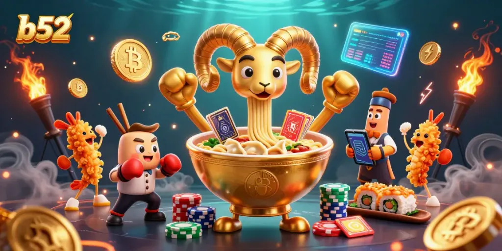 Engage in thrilling b52 gaming with a dynamic scene featuring unique characters and crypto elements.