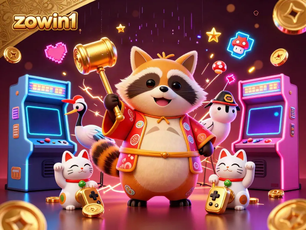 Zowin1 brings luck with a cheerful tanuki, crane, and fortune cats in a vibrant casino scene.
