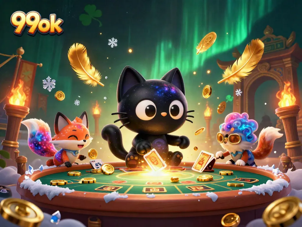 Experience thrilling wins at 99ok as the black hole cat draws in golden chips and cards at the cosmic casino.