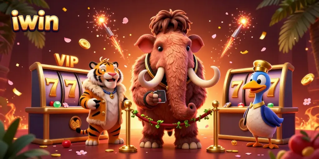 Engage with iwin casino excitement featuring a woolly mammoth bouncer, VIP saber-tooth guest, and vibrant slot themes.