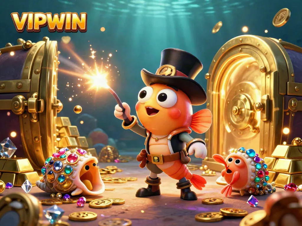 VIPWIN showcases a dynamic underwater casino scene with a glowing anglerfish attracting coins.