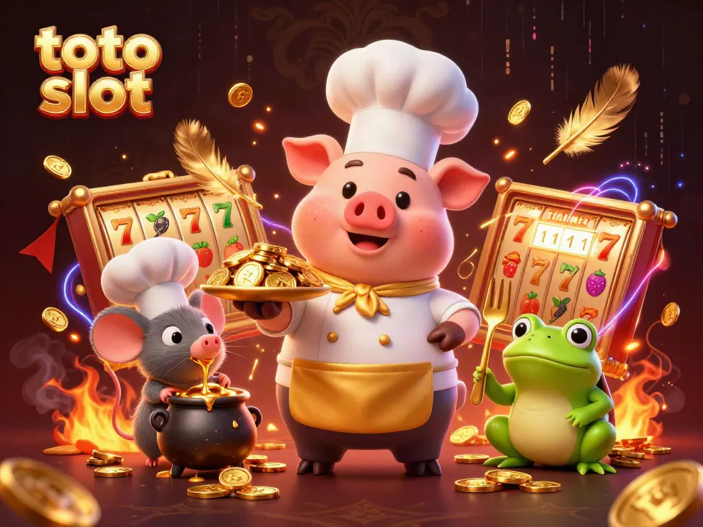 Spin the reels of the toto slot with a lively chef pig serving gold coins and a vibrant casino atmosphere.