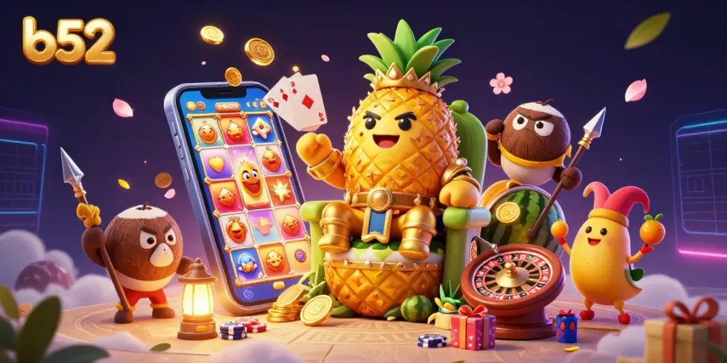 Play exciting slots at the b52 casino with the golden pineapple king and magical characters!