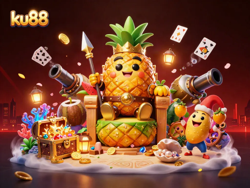Experience thrilling casino fun with ku88's golden pineapple king and vibrant beach casino scene.