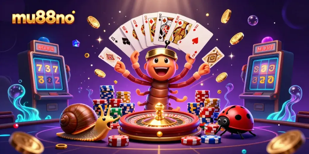 Experience excitement at mu88no with a vibrant casino scene featuring playful characters and rich colors.
