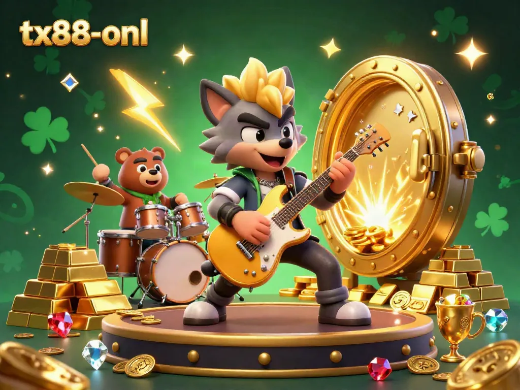 Join the action at tx88-onl with vibrant characters on stage amidst gold and jewels!