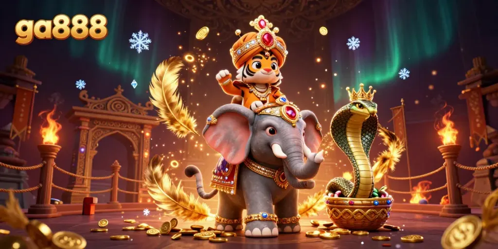 Experience thrilling moments at ga888 with a beautifully illustrated scene featuring an Indian tiger, jewel-laden elephant, and a cobra in a vibrant casino atmosphere.