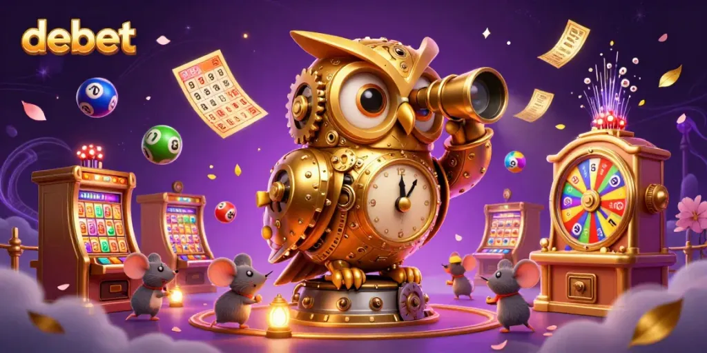 Experience debet's vibrant casino atmosphere with golden owl, colorful lottery, and dynamic gaming elements.
