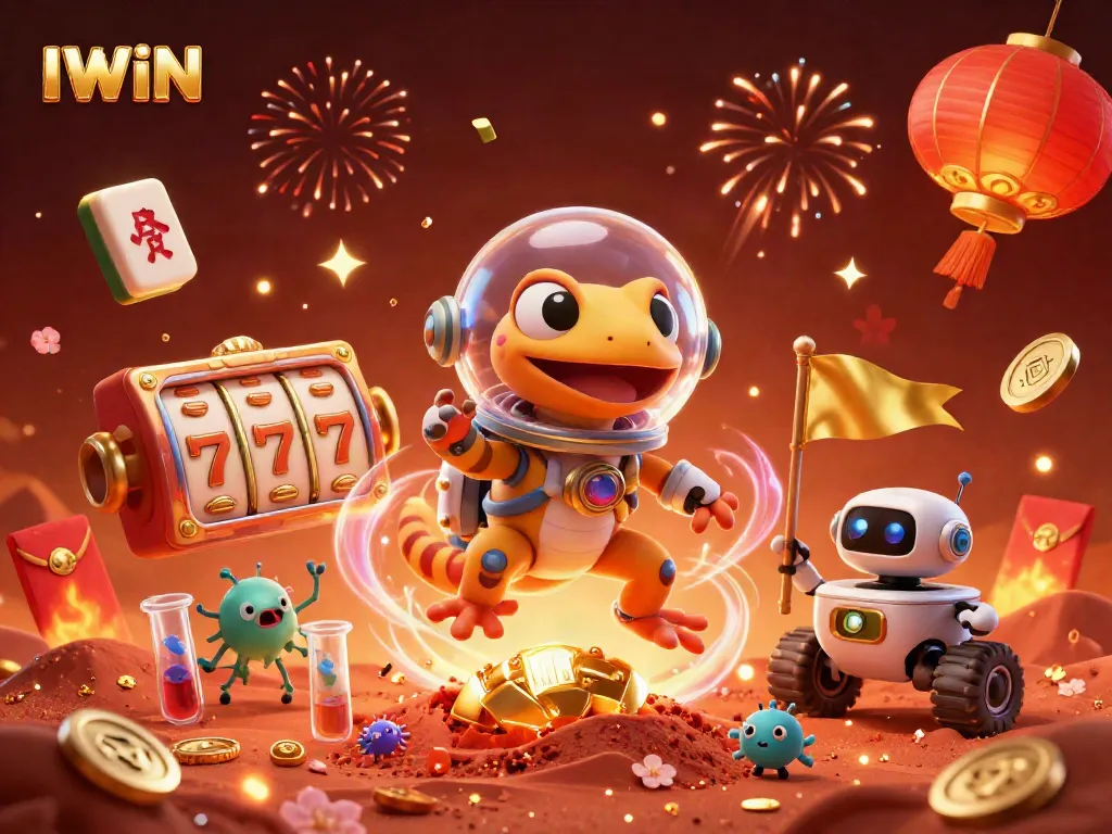 IWIN shows an alien Martian gecko discovering a golden casino, surrounded by vibrant gaming elements.