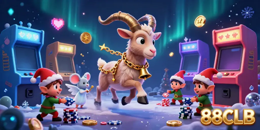 Experience the thrilling antics at 88CLB's holiday-horror casino, where Krampus, a mouse, and elf gremlins entertain.