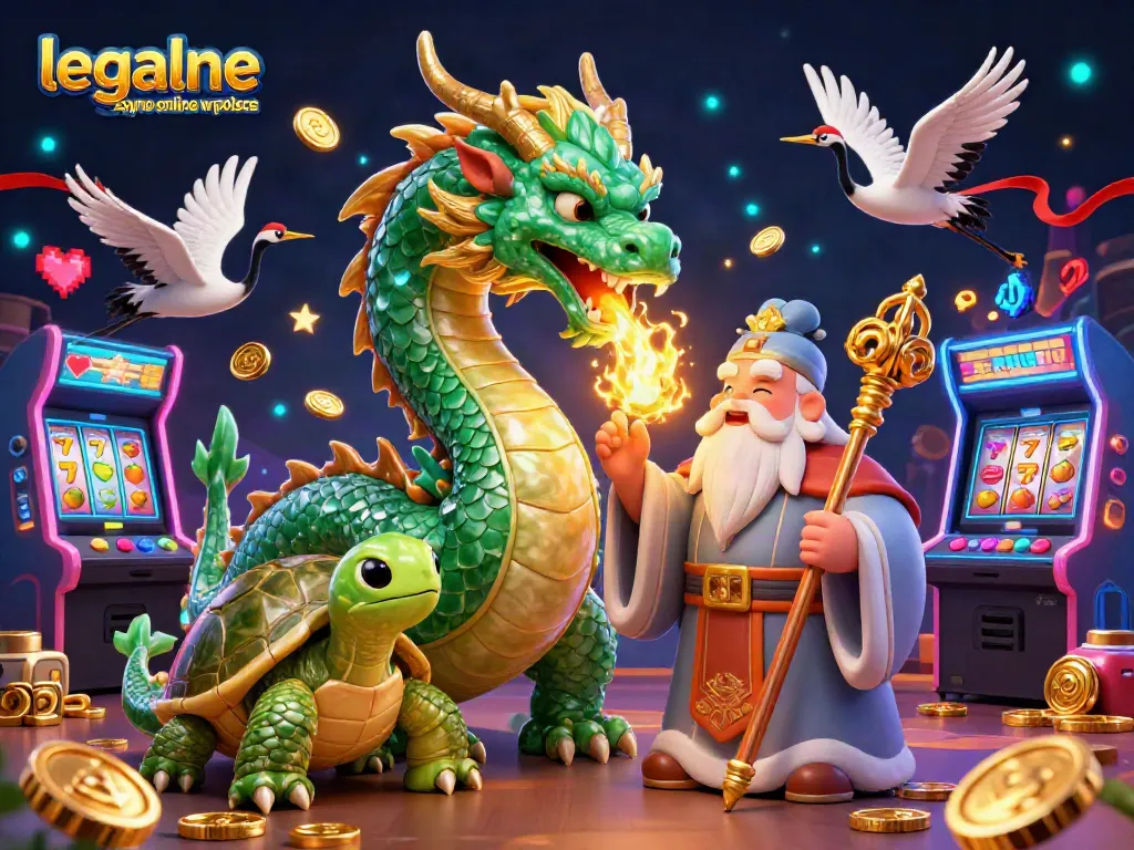 Dynamic scene of legalne kasyno online w polsce featuring a dragon, turtle sage, and lucky cranes in a vibrant casino atmosphere.