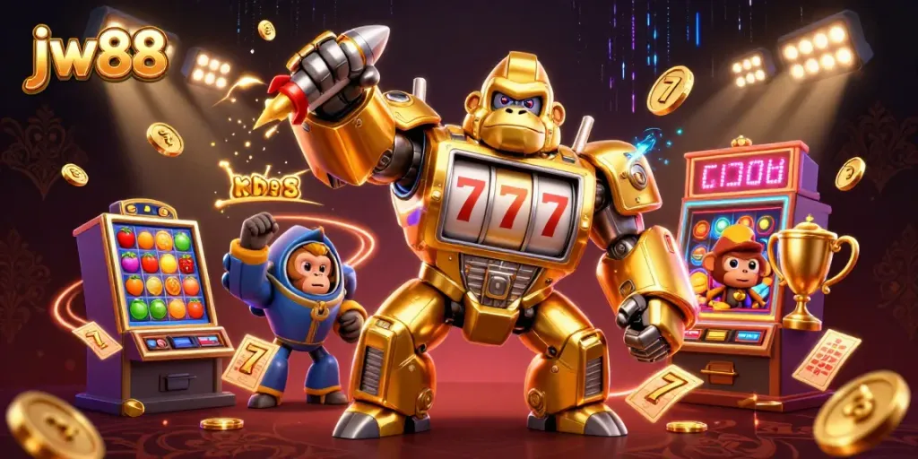 Experience jw88's thrilling slots with a golden gorilla mech amidst dynamic casino elements.