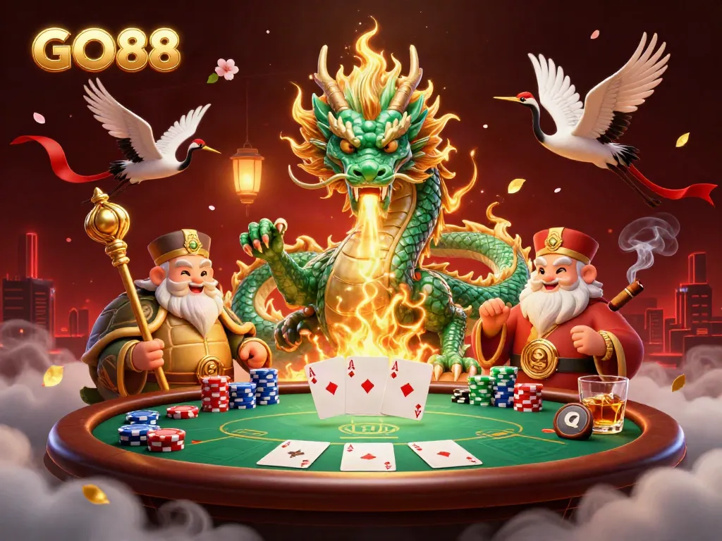 GO88 dynamic poker scene featuring a jade dragon, turtle sage, and lucky cranes amidst vibrant casino elements.