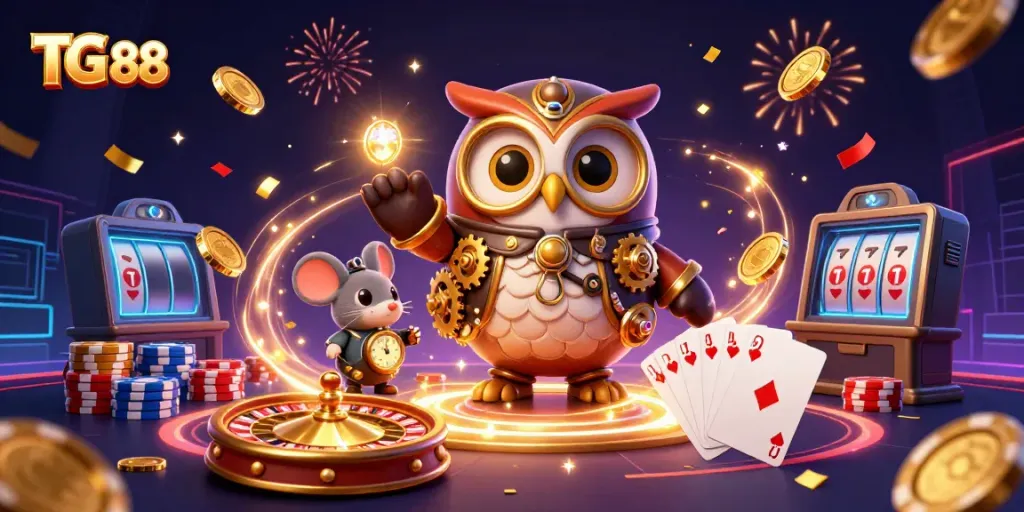 Experience thrilling gaming action at TG 88 with enchanting casino characters and a vibrant atmosphere.