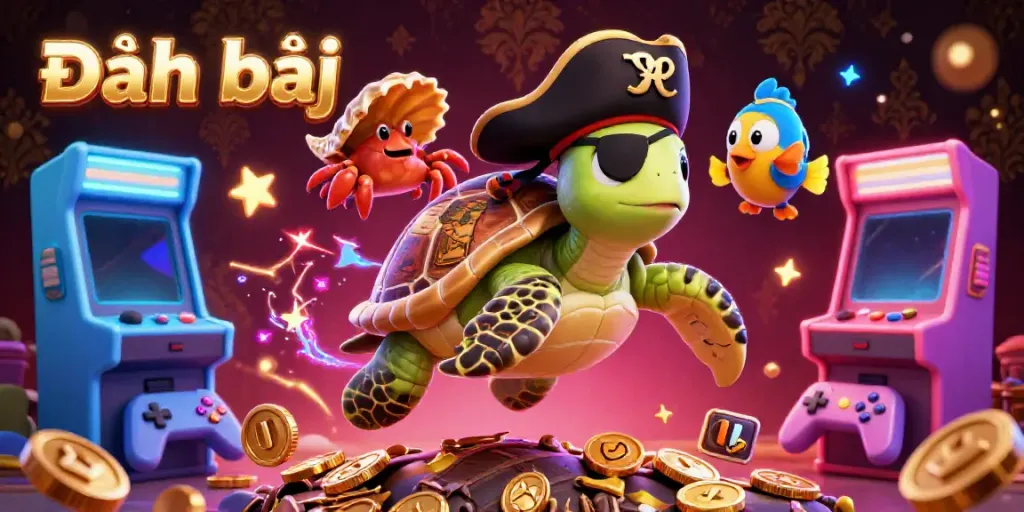 Play Đánh bài with a colorful scene featuring a cartoon turtle and treasure.