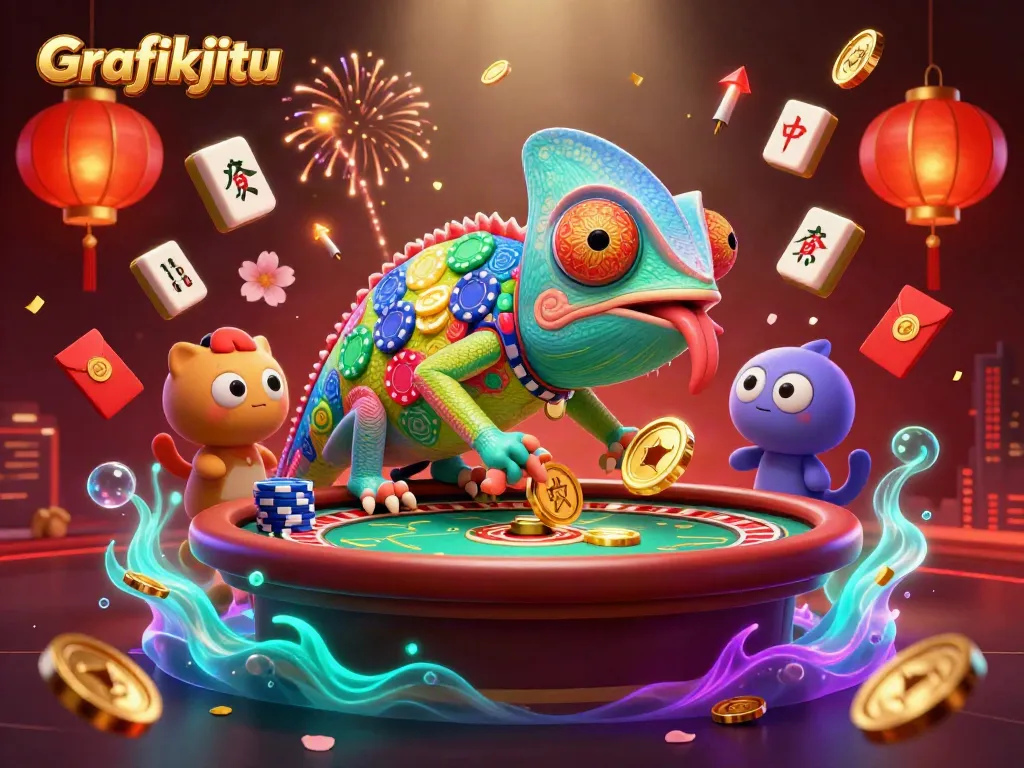 Experience the thrill of betting with Grafikjitu's vibrant chameleon casino illustration, showcasing action-packed gaming elements.